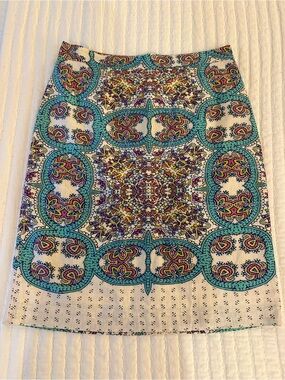 Maeve Turquoise and Cream Tile-Print Pencil Skirt